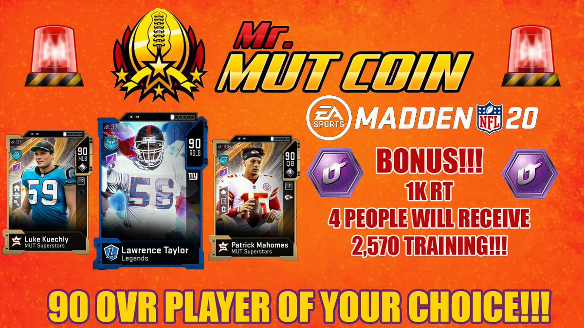 MrGoldenSports's tweet photo. MADDEN 20 GIVEAWAY!!!

Giving Away 90 OVR Player Of Your Choice!!!

Console Of Your Choice!

-RT &amp; Follow
Myself @mrgoldensports 
@MrMUTCoin 
@BuyMaddenMUT

-Winner Announced Friday

-BONUS!!!  1K RT'S 4! That's right!! 4 People will win 2,570 Training!!! https://t.co/Gjk2isoL5v