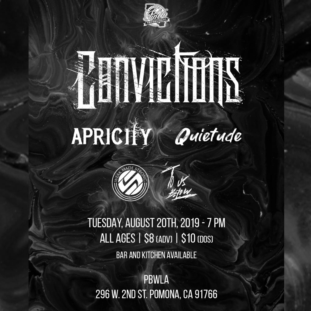PinUpPresents's tweet photo. Tuesday, August 20th at PBWLA in downtown Pomona!!

@ConvictionsRock / @__Apricity__ / #Quietude / #WeakMadeStrong / #ToBeUs 

All Ages / Bar and Kitchen 
$8 Advance 
$10 at the door 
Doors at 7pm 

Ticket link: https://t.co/GIcxIh3fIC… https://t.co/P6T1LBJ4IW