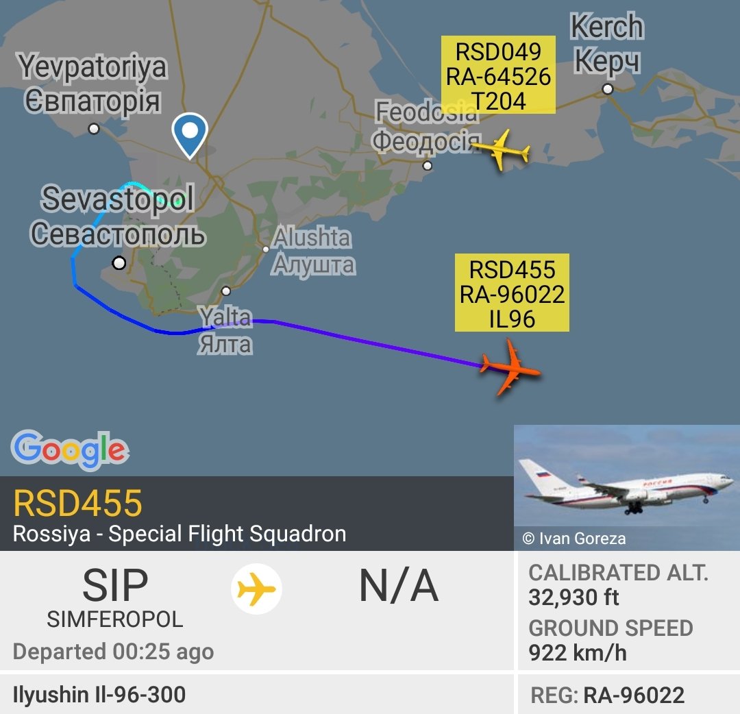 is_keelu's tweet photo. Russian Special Flight Squadron 
Ilyushin IL-96-300PU #AirPutin?
Departed from Simferopol Intl Airport (SUP/UKFF) #Crimea?
Spotted over the #BlackSea 
(The 214SR "Doomsday Plane" in the background is still orbiting ")

 #Planespotting #Planespotter #aviation #militaryaviation https://t.co/iYbVfgXgFf