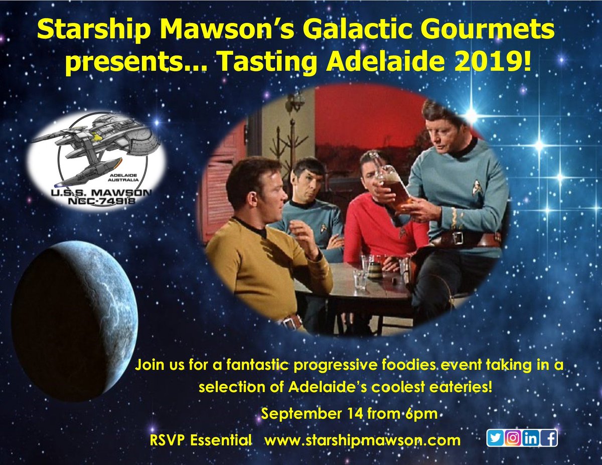 StarshipMawson's tweet photo. Are you a Foodie...? We're looking forward to presenting Tasting Adelaide 2019 to our subscribers! @GENEWS_WTSF @WeeklyGeekSpeak @geeksocietyau #WoW #influencer @MadZombieCo @AdelaideComicsC
 @greenlightkomix #foodies https://t.co/pl43mOyMyM