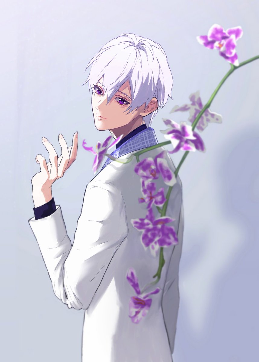 1boy male focus flower purple eyes solo white hair looking at viewer  illustration images