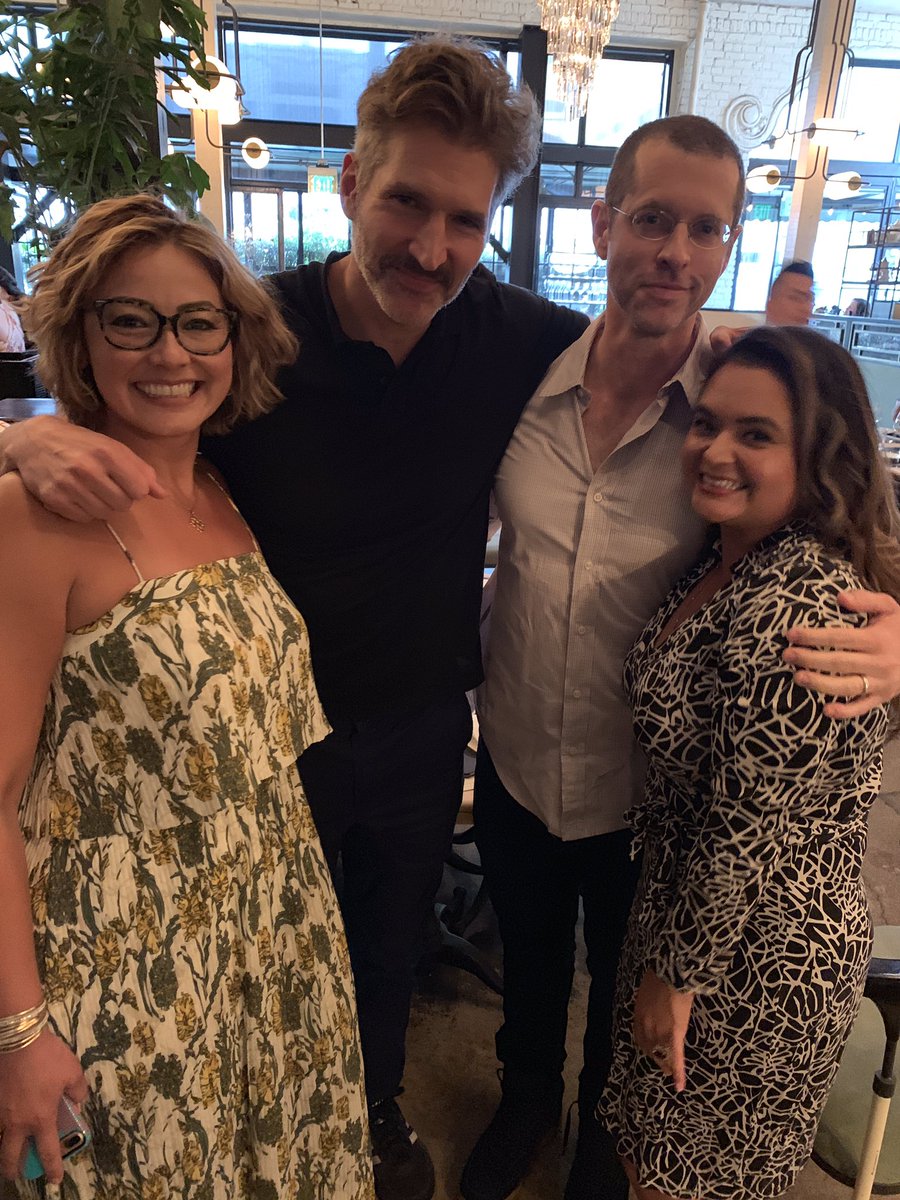 SraTopete's tweet photo. Friends & Dinner @gwen + #misssaigon 🎭 just when the night couldn’t get any better this happened @DB__Weiss @DavidRRBenioff 😱 #GOT 🐉 ⚔️🔥❄️ #nerdedout #superfan #omg #bestnightever #pantages #lookatmysmile #verycooldudes #starstruck https://t.co/fAS2sCYsCT