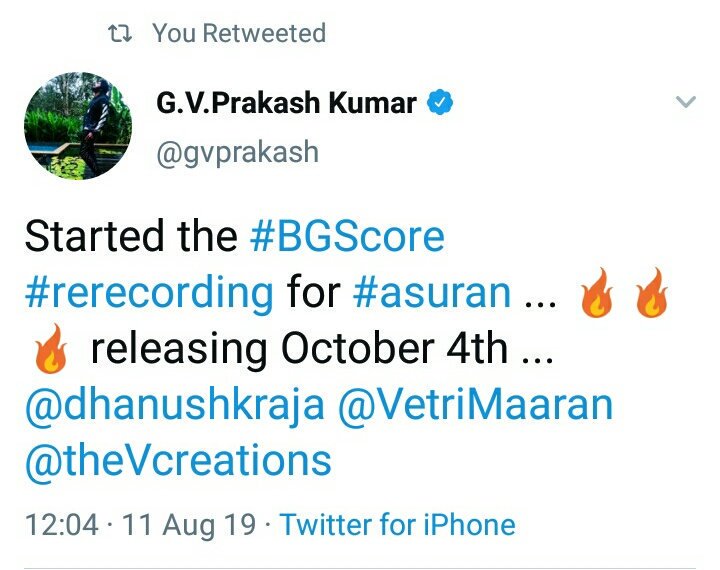 velailla_rajesh's tweet image. Breaking 💥
#Asuran Update From @gvprakash Bro 😊 ❤ about #BGScore #Rerecording