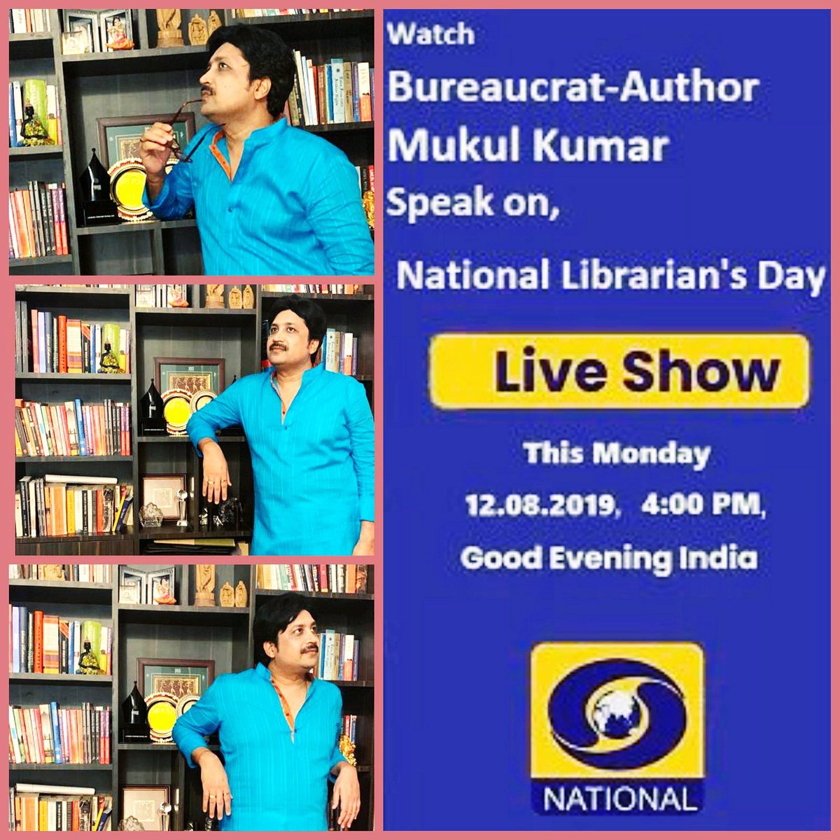 mukulkumar_mk's tweet photo. This Monday, 4:00pm,
Bureaucrat - Author Mukul Kumar shall be speaking on National Librarian's Day. Do watch the show.
#Doordarshan #mukulkumar #author #authormukulkumar #writermukul #ddnational #ddnationalshow #dd https://t.co/Fz7NBtiJd8