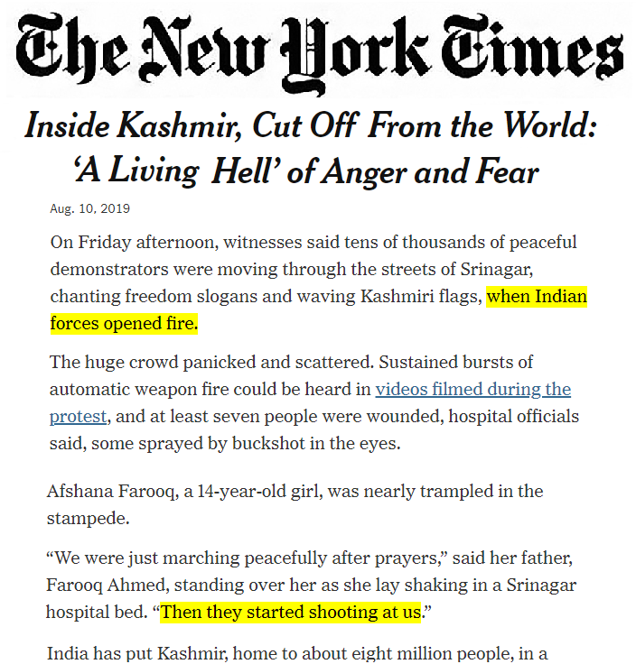 New York Times backs the BBC report on #Kashmir by confirming the Indian forces opened fire on thousands of peaceful demonstrators on Friday. #KashmirWantsFreedom