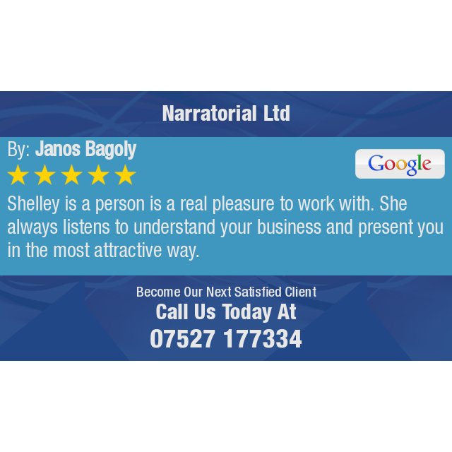 NarratorialL's tweet photo. 5 Star: Janos B. "Shelley is a person is a real pleasure to work with. She always listens to understand your..." https://t.co/LBFAmTDaxu https://t.co/KeraMvNAir