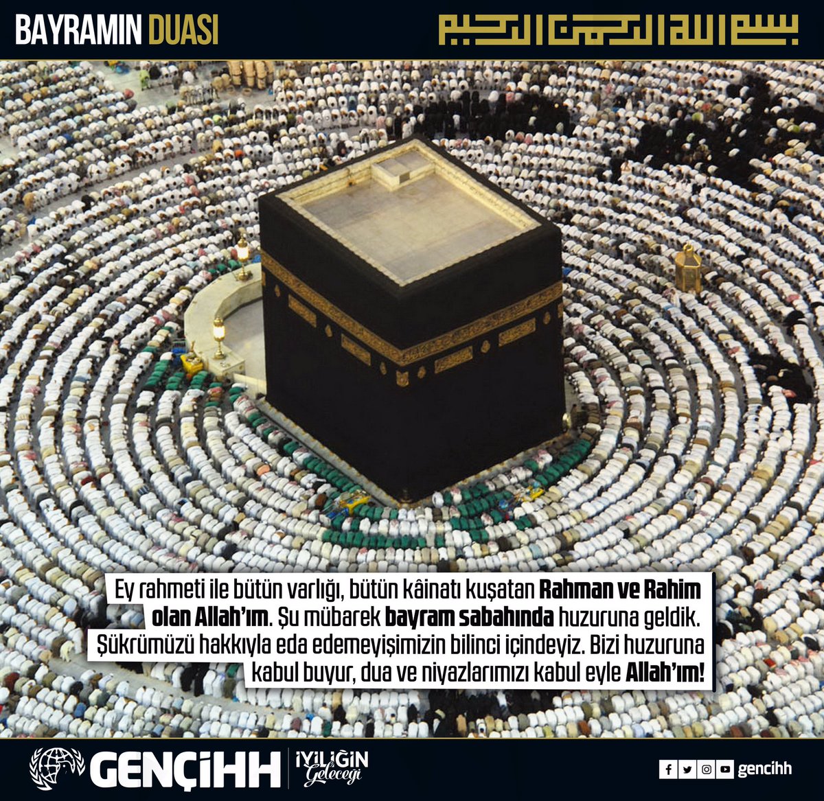 Ey rahmeti ile bütün varlığı, bütün kâinatı kuşatan Rahman ve Rahim olan Allah’ım. Şu mübarek bayram sabahında huzuruna geldik. Şükrümüzü hakkıyla eda edemeyişimizin bilinci içindeyiz. Bizi huzuruna kabul buyur, dua ve niyazlarımızı kabul eyle Allah’ım!

#BayramınDuası