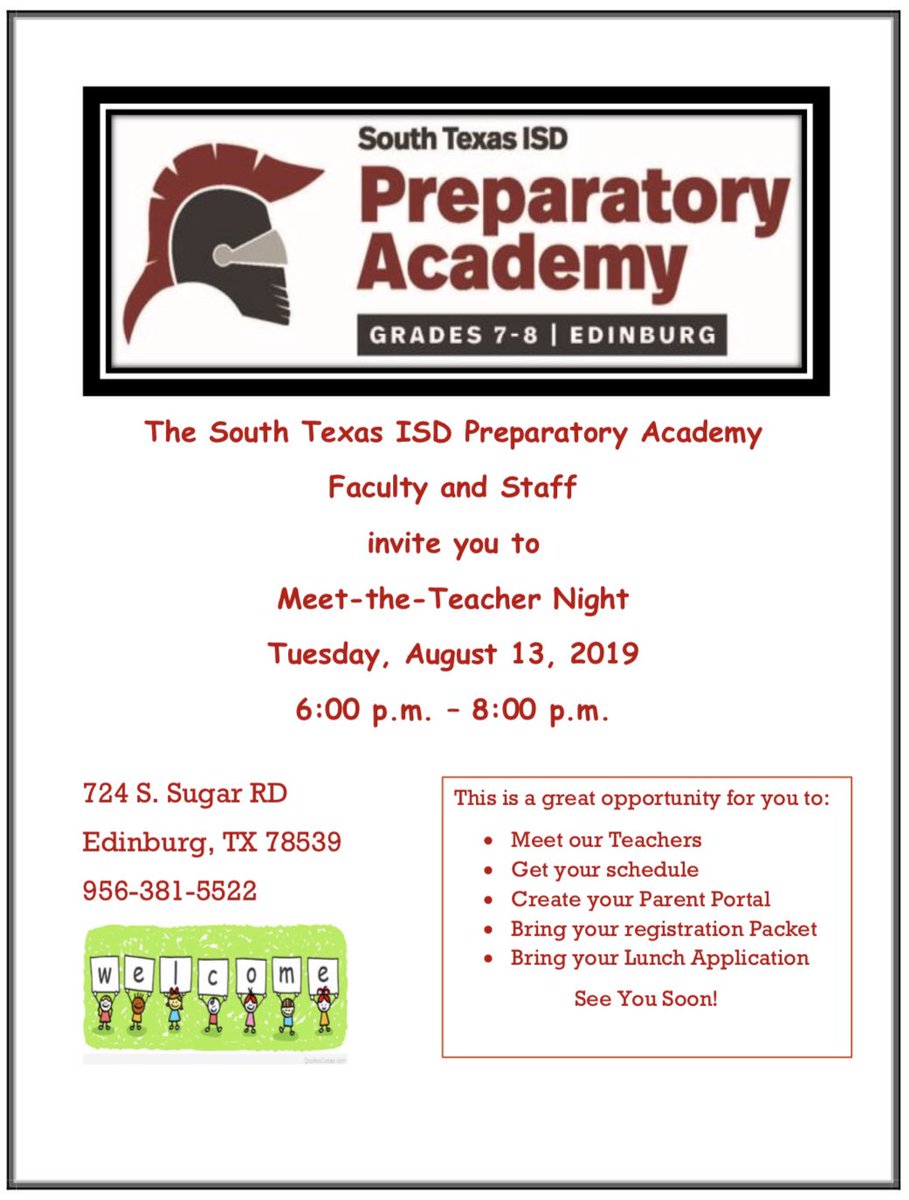 southtexasisdpa's tweet image. Welcome to STPA Meet-the-Teacher Night on Tuesday, August 13, 2019 from 6-8 pm!