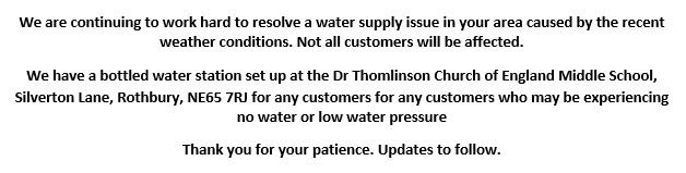 nwater_care's tweet photo. ⚠️ #NE65 #Rothbury #Thropton ⚠️

We have worked through the night and continue to work to resolve the water supply issue in your area. 

For those still experiencing no water or low pressure please see below for details of where bottled water can be collected https://t.co/zJFdS23ysd