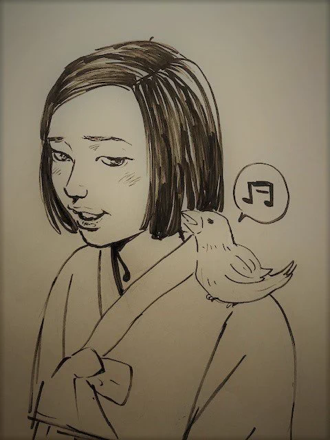 久しぶりに机に座ってリハビリで描いた少女。
きっと鳥の話す話題は、天気の話かエサの話くらい。 