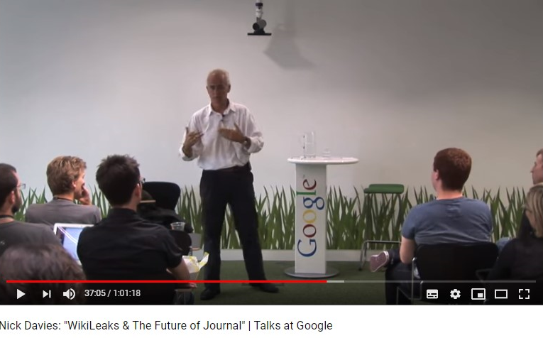 Nick Davies (from the Guardian) went on to promulgate his own narrative about the events described above. By 7 July 2011 (in his Google presentation) he has moved the location of his "discussion" with Julian about redacting names to Stockholm (see 32:52). 