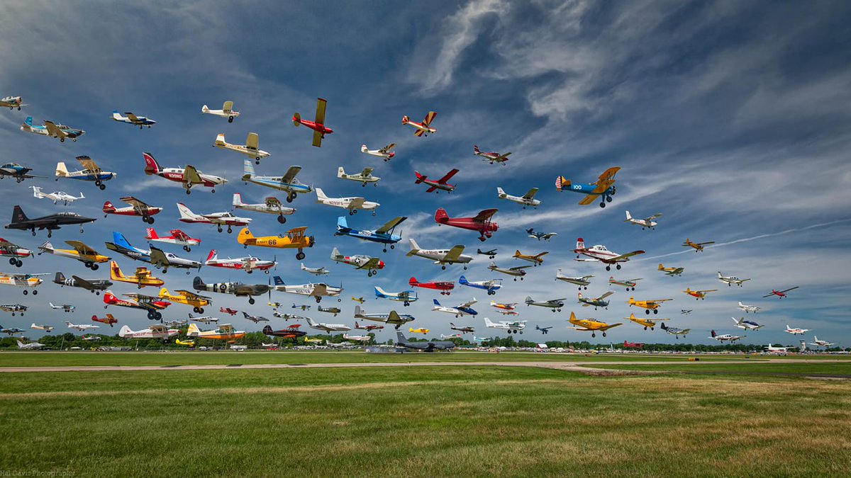 4 hours worth of photos from the same spot combined  to make this single picture featuring a bunch of the arrivals from this Sunday at EAA Airventure in Oshkosh. This is one of the coolest airplane photographs I have ever seen #OSH19 #aviation #aerialphotography #AvGeek