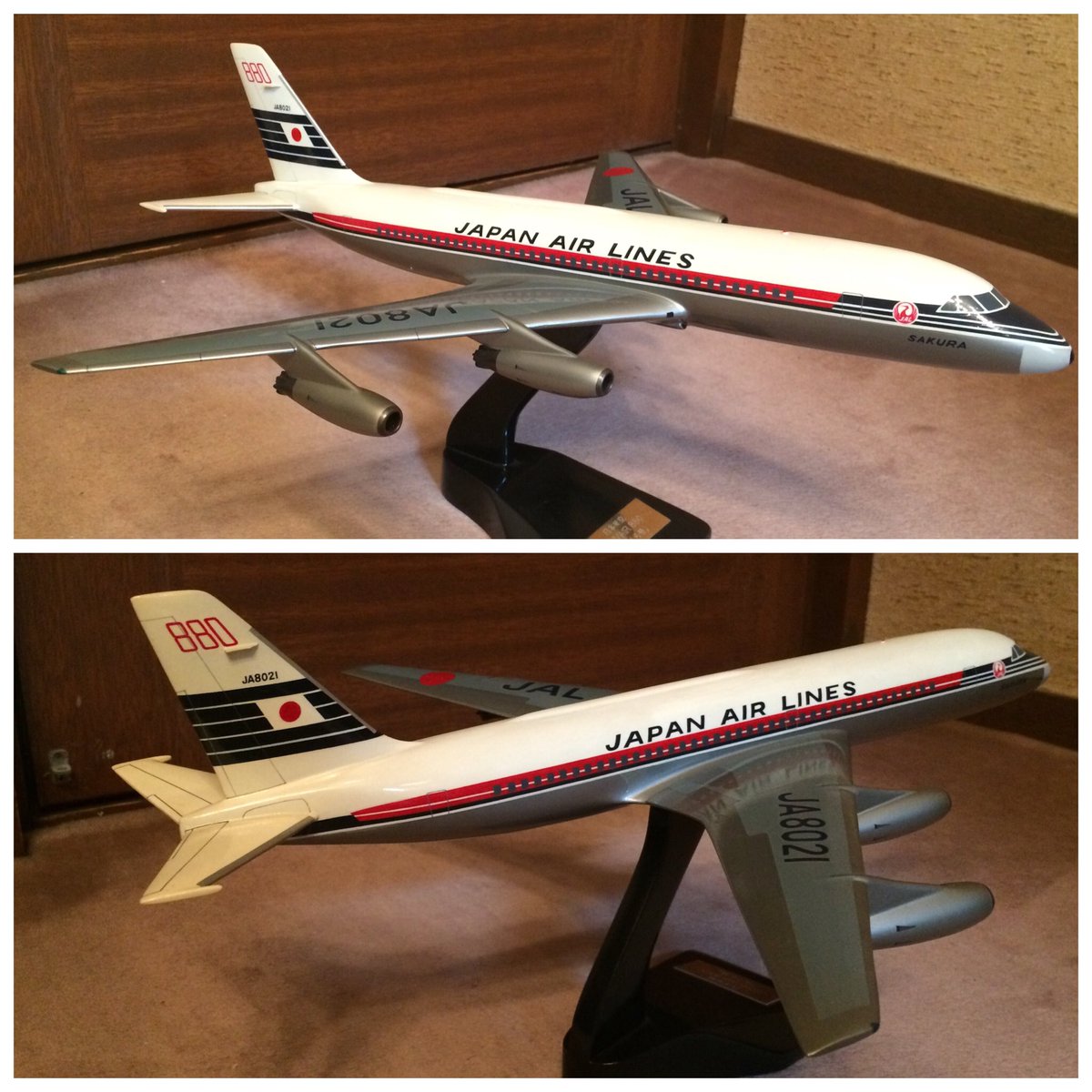 kuusou_ZZR1100's tweet image. たまにはミニカーや鉄道模型以外の画像を。

1/100スケールのコンベア880【さくら号】です😊
日本航空では昭和46年に引退したのでDC-8や727と比べて短命でした。

エルビス・プレスリーが同型機を専用機【リサ・マリー号】として使用していたのは有名な話。 #コンベア880 #CV880 #日本航空 #JAL
