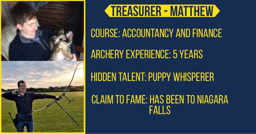 LincUniArchery's tweet photo. 2019/20 Committee Fun Facts Day Seven - Meet our Treasurer Matthew! #wearelincoln https://t.co/cy25JwA4TR