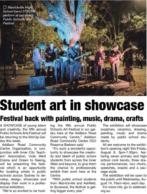 Manningkazza's tweet photo. Amazing opening night at the Public Schools Arts Festival. The exhibition will be open 10-4 every day until the 14th of August at the StirrUp Gallery, Addison Road Community Centre, 142 Addison Road, Marrickville https://t.co/OPcTrDvvHl
