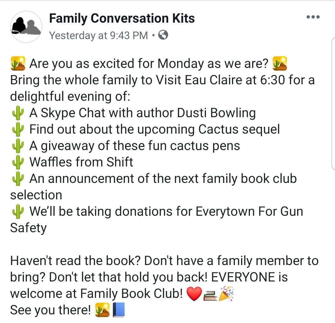 FamilyKits's tweet photo. Don't miss out on this opportunity to discuss a great book that is engaging and funny and centers characters with disabilities. It's a FREE event, so bring your neighbors and friends. See you tomorrow! 
@VisitEauClaire @eaushift @DottersBooks @Dusti_Bowling https://t.co/DONBkFE9Rw