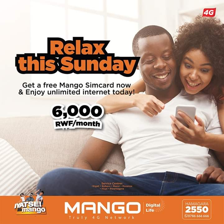 Mango4G's tweet photo. Sunday clears away the rust of the whole week!! Chill and relax at home this #Sunday with #mangojoy 4G unlimited internet pack on your smartphone @ only Rwf 6,000/month.
#IyatseNaMango #4GUnlimiteddata #LTEspeed #Smartphone #NoBunddles #FourthGenerationInternet #MangoTelecom https://t.co/BbUKETPlJN