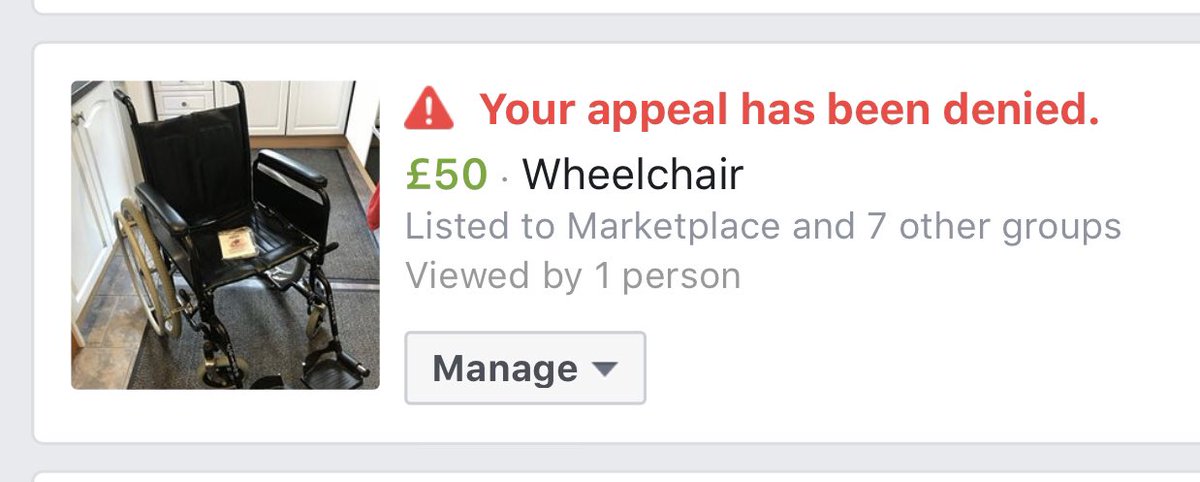 Gladyswondervan's tweet photo. @facebook SHAME ON YOU BLOCKING ME SELLING A WHEELCHAIR!! How can you say this is against your policies? There are others selling them? #descrimination #Disability #disabledcompliments #shocking #disgusted #Facebook @fbnewsroom @DisRightsUK @socialpwds @DisabledWorld https://t.co/sdBGVnYIJ1