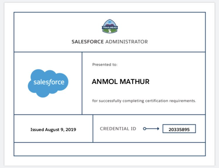 AnmolMat's tweet photo. @trailhead Super excited to share my very first #Salesforce certification #AwesomeAdmin #SuperbTrailheadPlatform #trailblazer https://t.co/pvkUU8AwQi