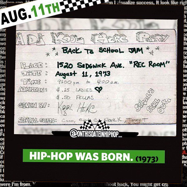 #OnThisDateInHipHop, #HipHop was born when @KoolDJHerc decided to use two copies of the same record in order to extend the breakbeat at a back to school jam at #1520Sedgwick Ave in the #Bronx. The isolation of the instrumental formed the basis of #HipHop… ift.tt/2Kw2B3r
