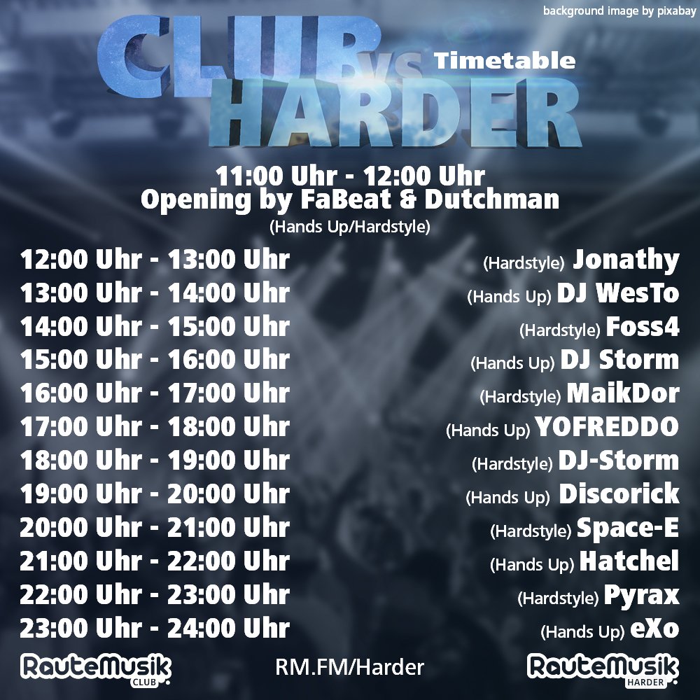 HardeR_RM's tweet photo. Jeweils im Stundentakt wechselt das Genre.
Freue Dich auch deine Lieblings DJs

Dutchman, DJ FaBeat, Johnathy, DJ WesTo, Foss4, DJ Strom, MaikDor, YOFREDDO, Discorick, Space-E, Hatchel, Pyrax, eXo

#hardstyle #rawstyle #handsup #dance #huwnd #special #dj #rautemusik #webradio https://t.co/XvTLUVa8g9