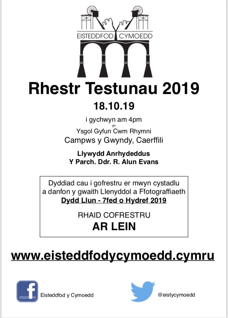 Oes gyda chi “blues” ‘Steddfod? Dyw hi ddim yn hir tan Eisteddfod y Cymoeds, ac mae’r rhestr testunnau nawr ar gael. Ewch i’n gwêfan, ein tudalen facebook, neu cysylltwch â ni am fwy o wybodaeth #eisteddfod #cymoedd #yagm #cymdeithasu #Caerffili