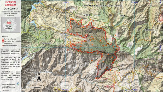 We advise not trying to visit the immediate of #Artenara #Tejeda and #Galdar municipalities due the fire originated yesterday.The aprox perimeter based on hot spots detected by VIIRS and MODIS of #NASA from 08/11/2019 04:48 local time was the following (#IfArtenara #GranCanaria):