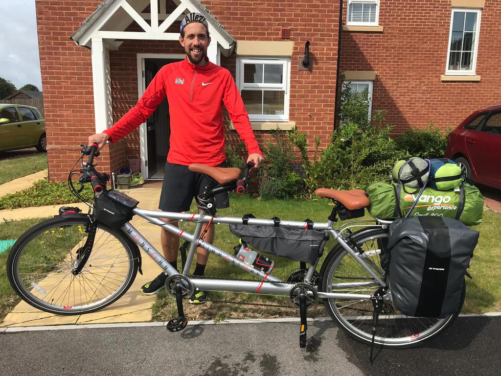 MrPeteThompson's tweet photo. The Tandem adventure begins🚴♂️🚴♀️
Today we set off from our home & cycled the 20 miles to the ferry to France 🇫🇷
Everything we need (& a few things we probably don't) for the next 12 days is carefully packed on the bike & I couldn't forget my lucky hat from #runthetour either 😀 https://t.co/P22JHBknH4
