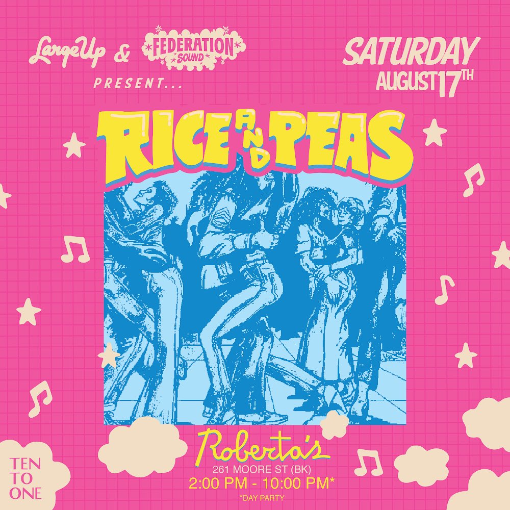 Rice &amp; Peas family link up Saturday (8/17) inside <a href="/RobertasPizza/">Roberta's Pizza</a> for an all day (2-10 pm) bashment party with
<a href="/MaxGlazer/">Max Glazer</a> 
<a href="/DJGravy/">Abba Ranks</a> 
<a href="/ORIJAHNALVIBEZ/">BRIAN ORIJAHNAL</a> 
<a href="/DjAutograph/">DJ Autograph</a>    
<a href="/RebelsToDons/">Rebels To Dons</a> 
<a href="/ShoShots/">Sho Shots</a> 
<a href="/daoudabeid/">daoud abeid ☀✨</a> 
<a href="/largeupdotcom/">LargeUp</a>