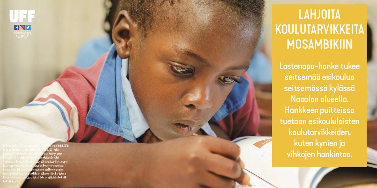 UffFinland's tweet photo. Ensi viikolla voi UFF:n myymälöissä tukea koulutarvikkeiden hankintaa esikoululaisille Mosambikissa. #UffFinland #adppmozambique #kestäväkehitys #koulutus #SDG #NGO #oikeuskoulutukseen https://t.co/LhSqFnWctn
