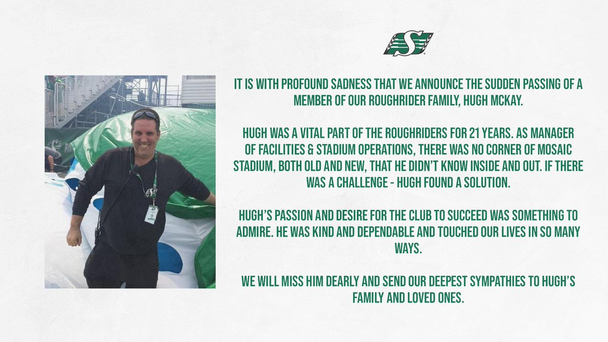 sskroughriders's tweet photo. In loving memory of our longtime #Riders family member, Hugh McKay. 💚 https://t.co/hUcICn0CO1