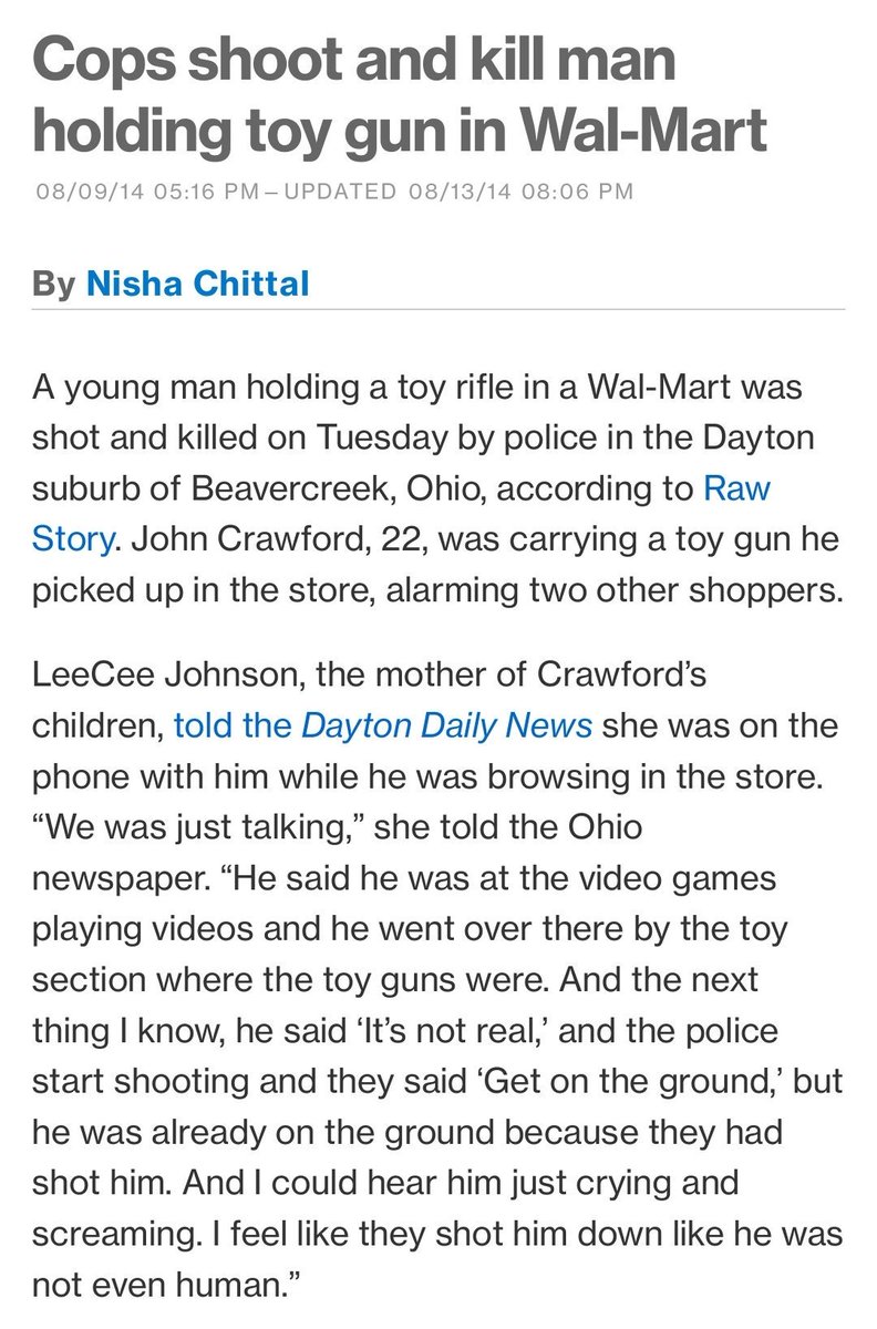 _SJPeace_'s tweet photo. This is WHITE PRIVILEGE in a nutshell!

Let us not forget John Crawford. A 22 year old man who was shot to death by police for carrying a TOY GUN that he picked up INSIDE THE STORE IN!

(Also if you're here &amp; you don't have a Muslim friend, Stay. You do now. Follow) https://t.co/3FFIqjX028