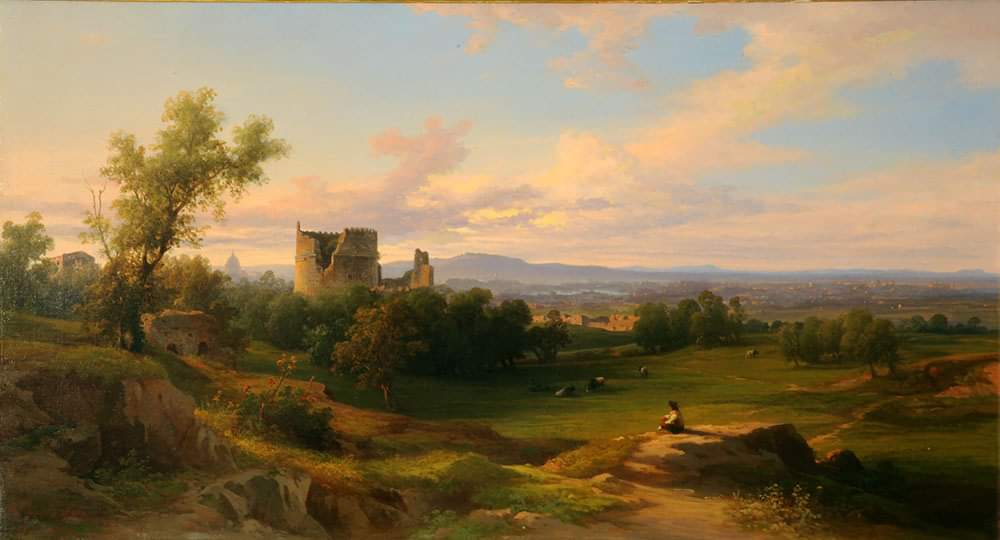 In questo bel quadro di Franz Knebeldel del 1864 vediamo una panoramica della #CampagnaRomana con il Mausoleo di #CeciliaMetella, la chiesa di S. Nicola e la tomba di Romolo accanto al circo di Massenzio [Guardiaparco Pietro Parisi] #GrandTourdellaDomenica #ParcoAppiaAntica #Roma