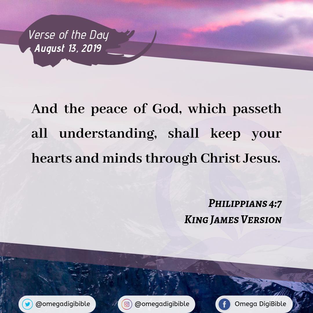 omegadigibible's tweet photo. Verse of the Day: August 13, 2019

And the peace of God, which passeth all understanding, shall keep your hearts and minds through Christ Jesus.

Philippians 4:7, King James Version

Check our daily verses via Omega DigiBible app. Available on Play Store and AppStore. https://t.co/Qyd3S7pFzU