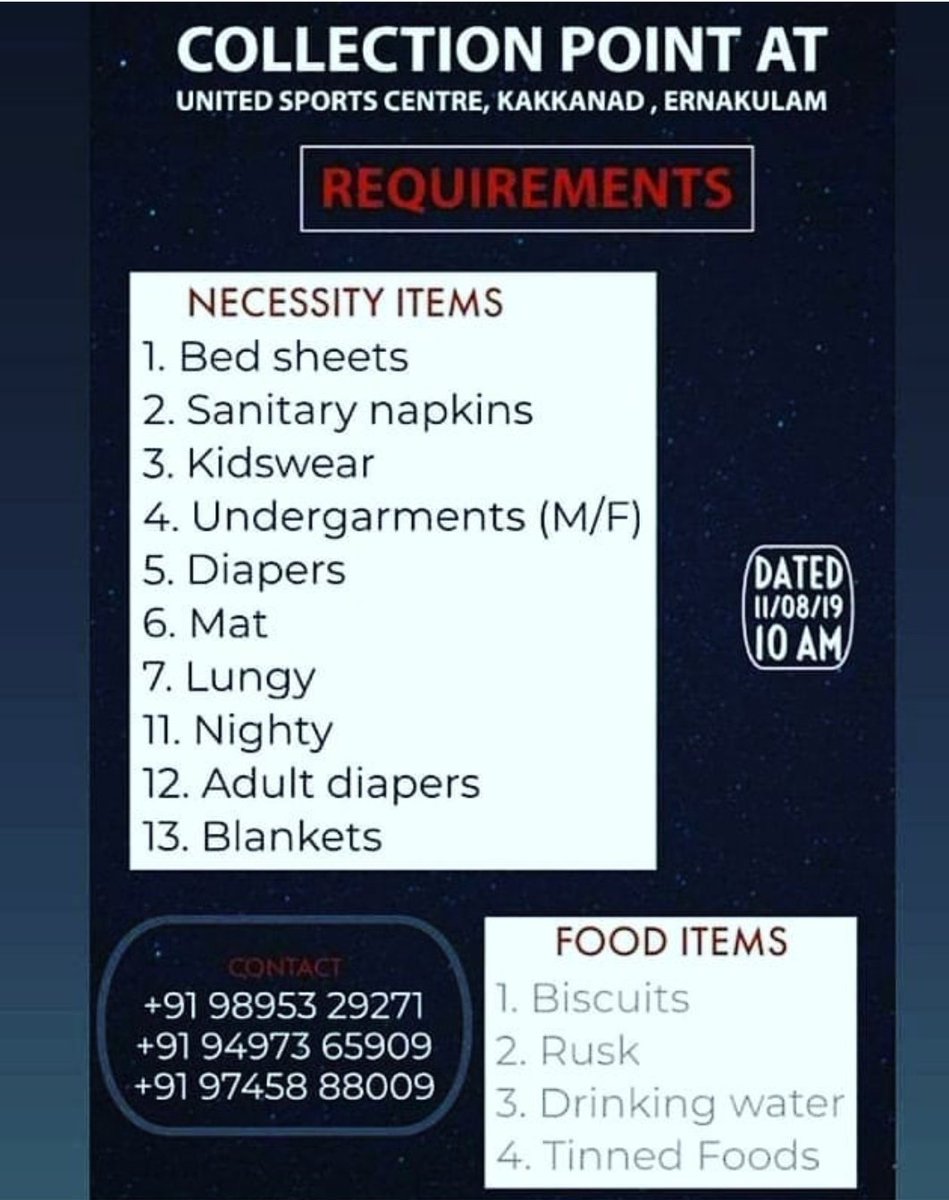godofgoodthings's tweet photo. Collection point at United Sports Centre, Kakkanad. #KLFResources #KLFRequests https://t.co/r0vz4PlCMR