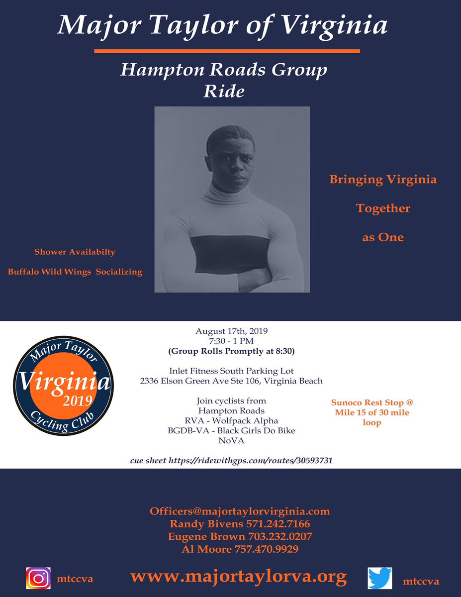 mtccva's tweet photo. Major Taylor Cycling Club of Virginia first group ride in Virginia Beach this coming Saturday #mtccva #vabike https://t.co/eqjr7bISE4