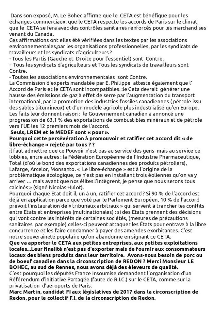 insoumis3504's tweet photo. Dans la presse locale, le député @GaelLeBohec a pu justifier son injustifiable vote climaticide pour le #CETA... Les @insoumis3504 et @marcmartin35000 n'ont pas eu le droit aux honneurs des Infos de Redon ni de @ouestfrance35. Nos pourquois du refus du CETA se trouvent là : https://t.co/8FemPRacn4