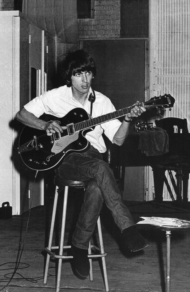 George Harrison playing guitar in Abbey Road studio while recording ‘Baby’s In Black’ for Beatles For Sale, 11th August 1964