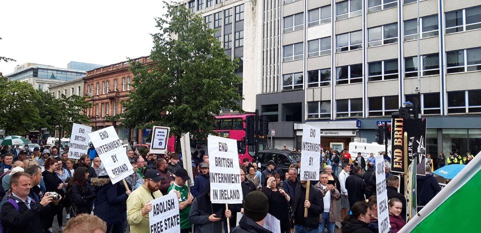 AIAIreland's tweet photo. Yesterday, Irish Socialist Republicans attended the protest at City Hall, Belfast, which was hosted by the Anti-Internment League. The protest at City Hall was called for after the Parades Commission banned the annual March from passing through the City Centre.

#EndInternment https://t.co/lfc3bDvMUM