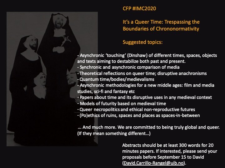 davidcrangel's tweet photo. Hey, I am putting together some sessions about chrononormativity for the #IMC2020 about #borders for the @IMC_Leeds
Want to join? Check our CfP, RT, Print, Distribute, and Enjoy the playlist! #medieva #modern #queer #notquitethequeereye https://t.co/wPiD625JG4