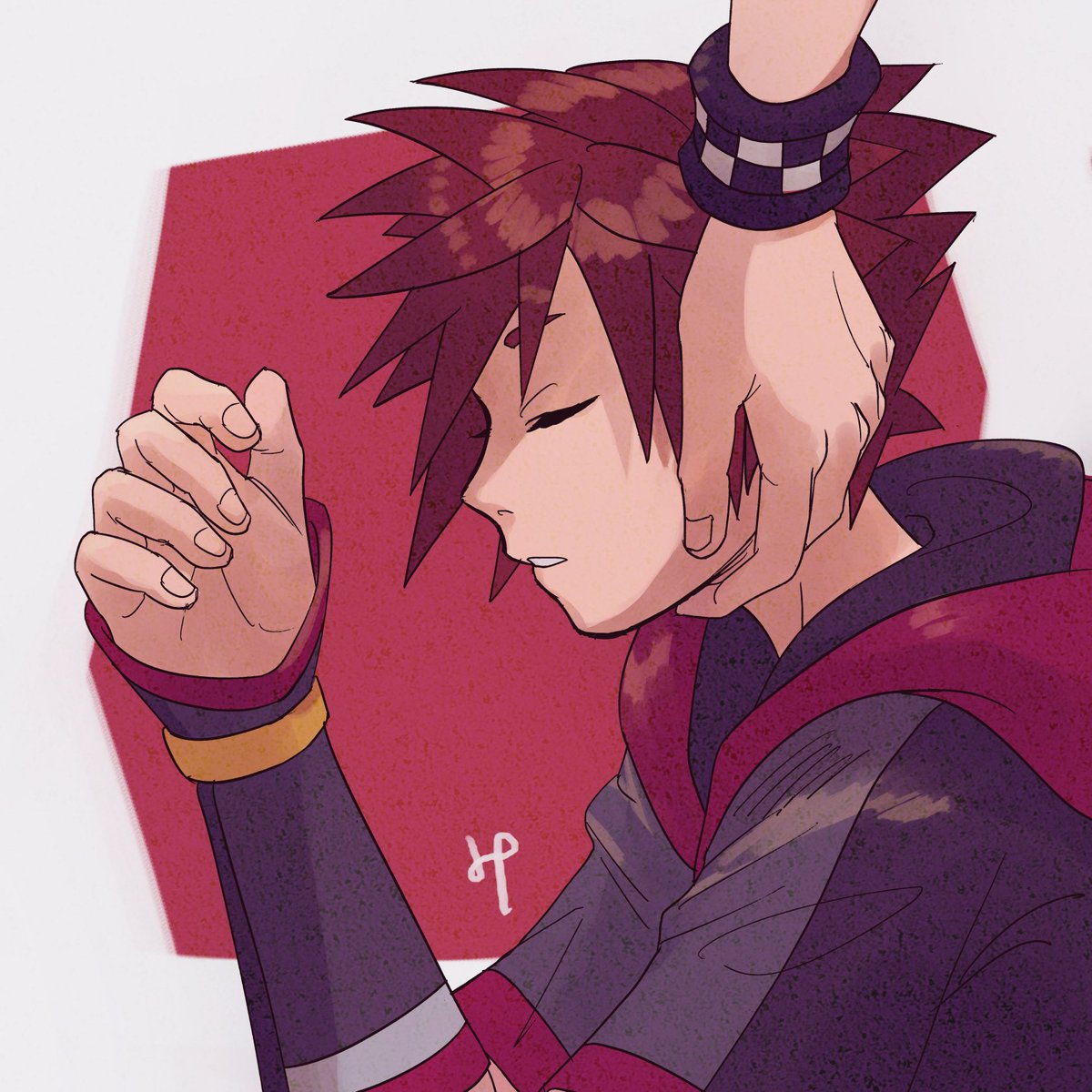 sora (kingdom hearts) closed eyes spiked hair male focus hood parted lips wristband upper body  illustration images