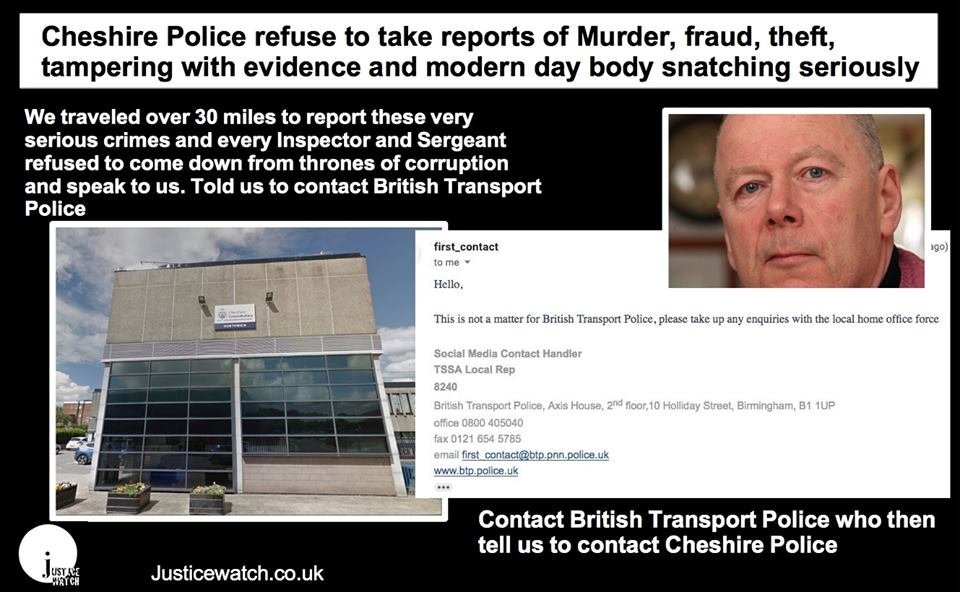 JusticeWatch_'s tweet photo. Cheshire Police refuse to take reports of Murder, fraud, theft, tampering with evidence and modern day body snatching seriously.

https://t.co/2eZjf6yh3d https://t.co/hg8jQzxBkv