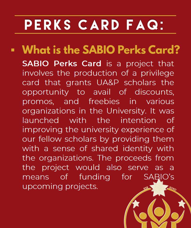 uapsabio's tweet photo. To answer some of the Frequently Asked Questions (FAQ) regarding the Perks Card, we made a FAQ series for you!

#SAB10
#Possumus https://t.co/SgbwBnPqgR