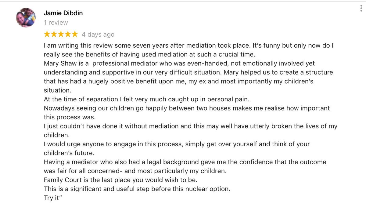 marycshaw's tweet image. A Google review this week for a mediation of mine from 7 years ago. 
Mediation can have long-lasting benefits for families in transition.
Contact @LouiseLawDG or me in confidence for more information. 
#MediationWorks
#TalkingWorks