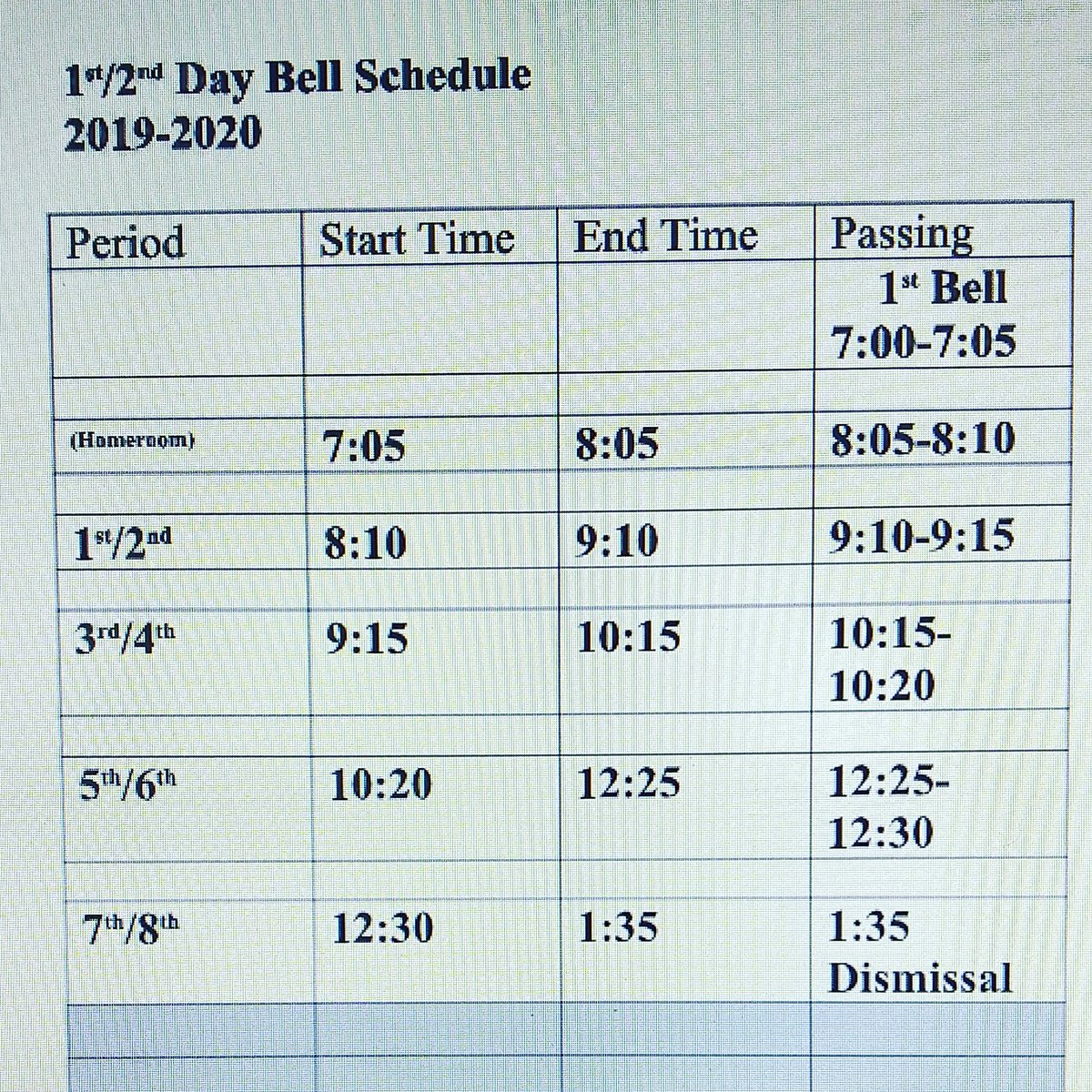 IdaBakerArt1's tweet photo. Hey bulldogs! Are you ready?! We are! Here is the bell schedule for the first two days. Notice you start with your homeroom. See you tomorrow! #knowyourhomeroom #ripsummerbreak #20192020 #bestyearyet https://t.co/dnsU5JhlYm