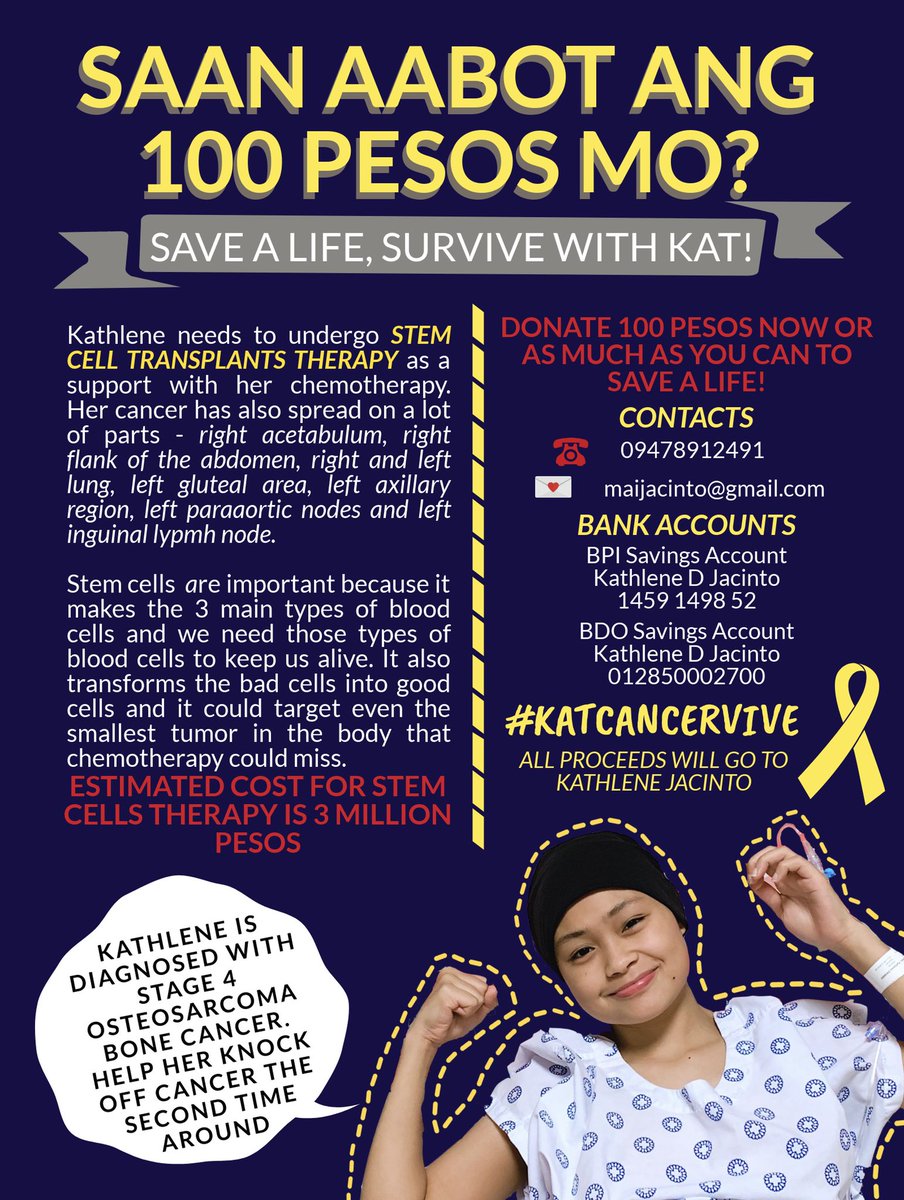 jacintokathlene's tweet photo. I am diagnosed with Stage 4 Osteosarcoma Bone Cancer for the second time and I need to undergo Stem Cells therapy (as a support with my chemo) which costs around 3 Million Pesos. Donate 100 pesos now or as much as you can to save a life! Please spread!
#katcancervive🎗️ https://t.co/EoGLRCfFqY