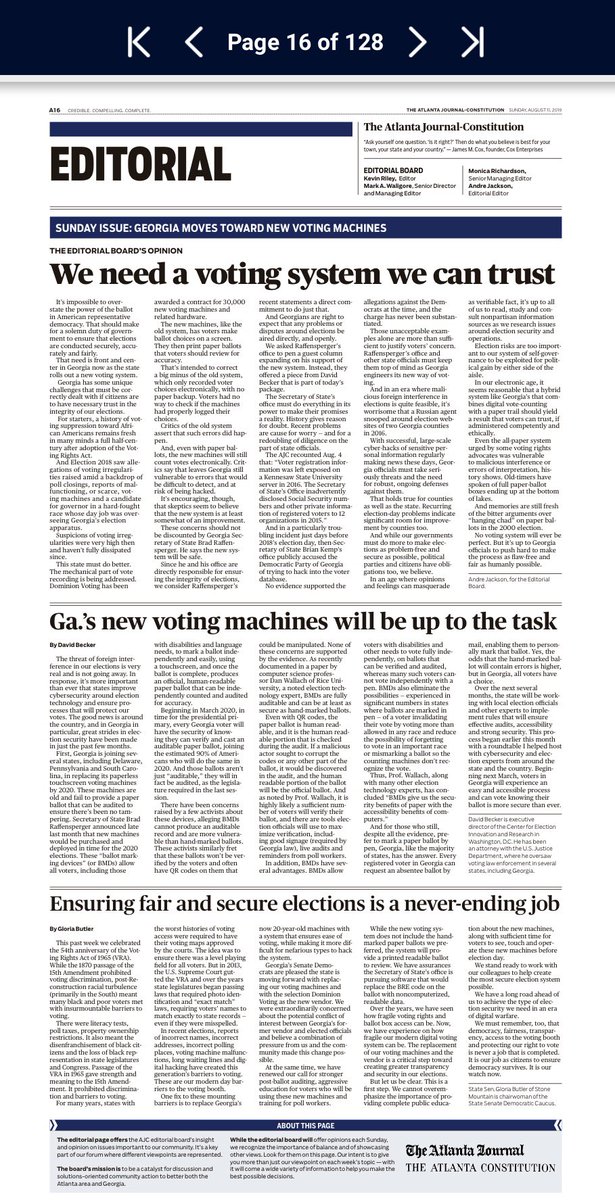 SobSax's tweet photo. @MarilynRMarks1 @CoalitionGoodGv @FriendsOfCGG today’s print @ajc includes two guest opinion columns on the new voting machines. Both ultimately support them and the AJC expresses conf. in the Sect. Of State. As high-profile critics of both, did the @ajc solicit your opinion? https://t.co/mK4QOwgvMc