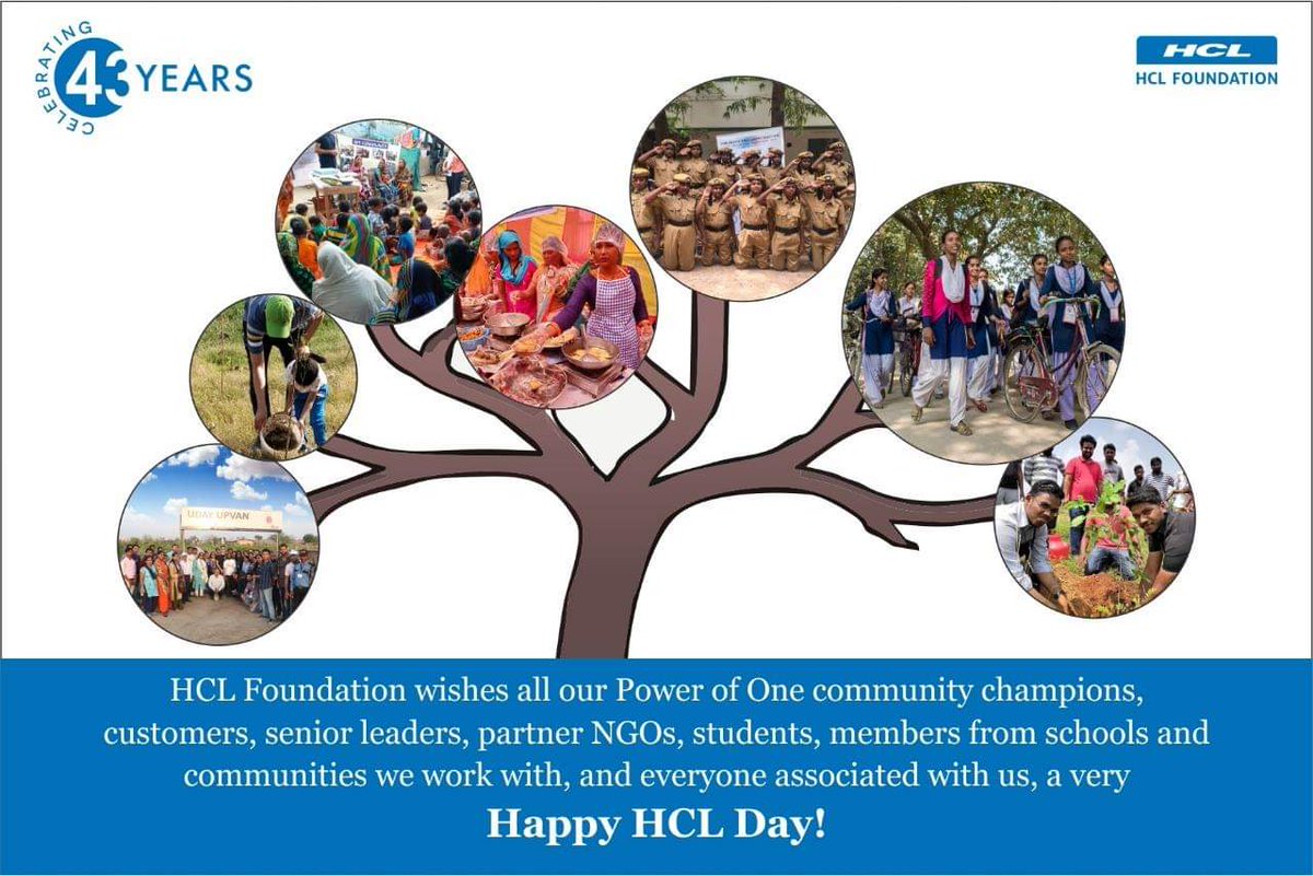 HCL_Foundation's tweet photo. HCL Foundation wishes all our Power of One Community Champions, Partner NGOs, Students, Members from schools and communities we work with, and everyone associated with us, a very Happy HCL Day!
#HCL@43 #HCLDay #TouchingLives #SpreadingSmiles #HCLFoundation https://t.co/14pkWgHQHt