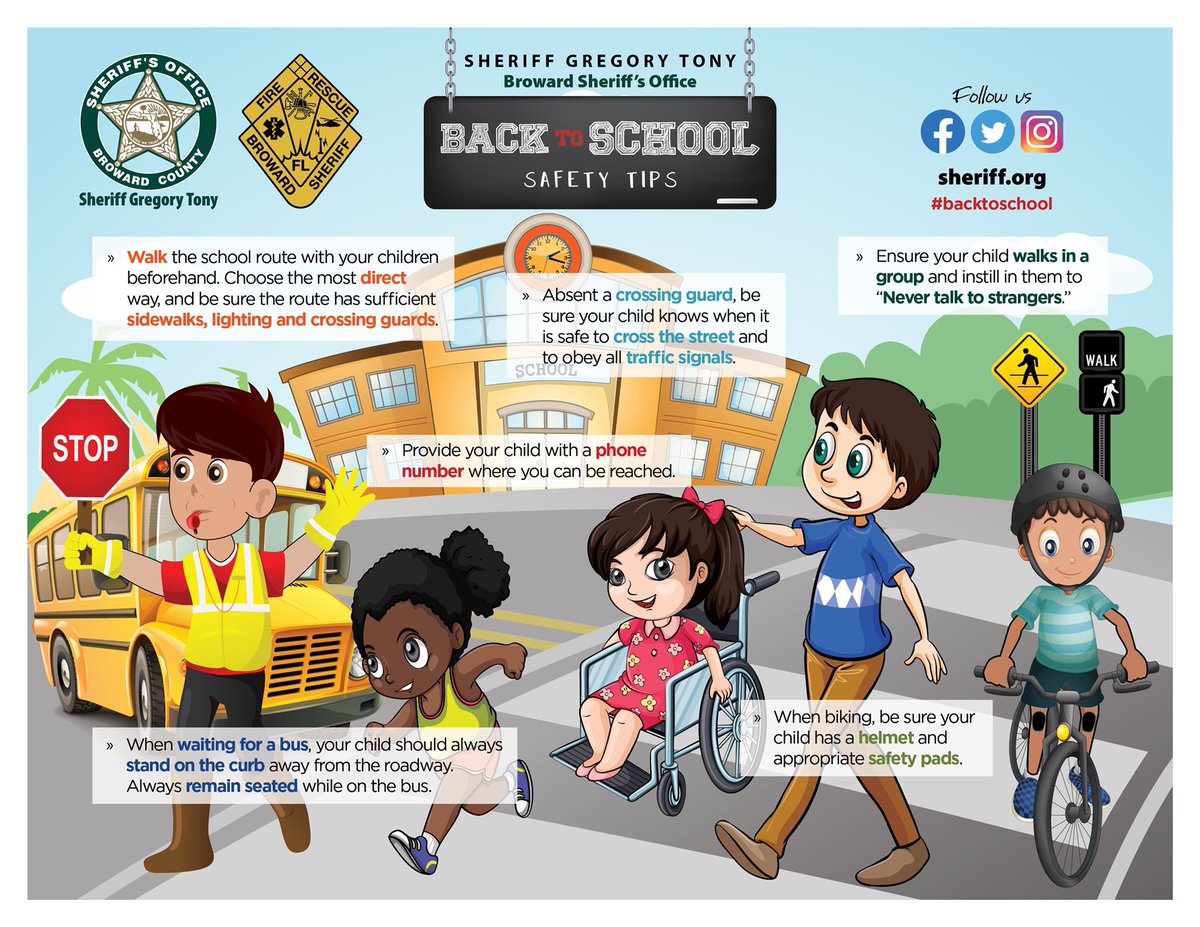 browardsheriff's tweet photo. BACK-TO-SCHOOL SAFETY TIPS - When riding the school bus, remind children to:
🔸Stay 6-9 feet from the street while waiting for the bus.
🔸Always remain seated while the bus is moving. 
🔸Cross in front of the school bus after exiting. https://t.co/8YcuwSdXiR