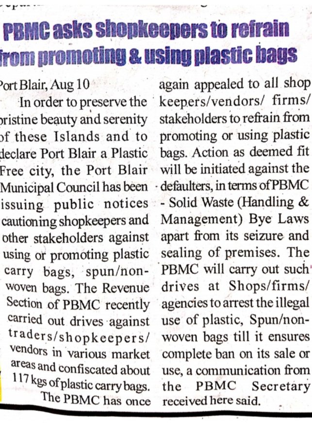Andaman_Admin's tweet photo. #SayNotoPlastic
#PlasticFreeIslands
#GreenAndamans
Administration committed to make Islands plastic free. PBMC cautions shopkeepers to refrain from promoting or using plastic bags. https://t.co/lVVNX6lQ5Q